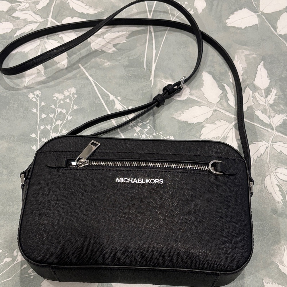 Michael Kors Black Leather Crossbody with Silver Zipper